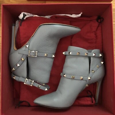 Valentino Rockstud 6 36 Arnés de Cuero Punta Botines Zapatos Gris $1375 Foto 1 de 4