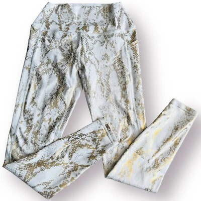 Curves N Combatboots Small White Metallic Gold Snake Reptile Print Leggings Gym  - Image 1 of 4