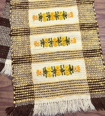 Vintage Table Runner Woven Wool Crewel Embroidered Fall Colors Boho Fringe - Image 1 of 4