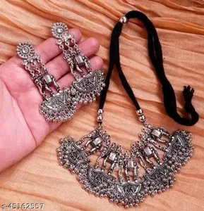 Classic Elephant Oxidized Silver Necklace Designer Stylish Long Earring Trendy - Picture 1 of 2