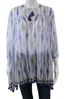 Roberta Roller Rabbit Womens Cotton Printed Tassel Tie Front Tunic Top Blue Sz M - Image 1 of 4