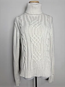 Suéter Tommy Hilfiger Marfil Tejido con Cable Talla L Grueso Dorado Mancha Preppy Cuello Alto - Imagen 1 de 11