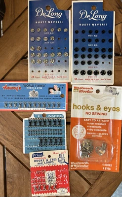 LOTE de 6 broches de presión de ganchos y ojos de colección Woolworth, Wards, Prims, Newey’s DeLong nuevo de stock Foto 1 de 4
