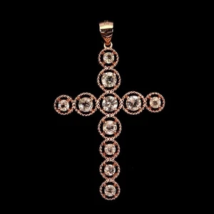 925 Sterling Silver Pendant Round Morganite 4mm Natural Gemstone Cross Jewelry - Picture 1 of 13