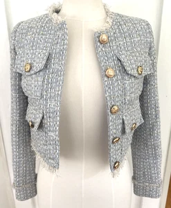 NEW Walter Baker Tweed Fanta Jacket Blazer Gold Buttons Womens XS Blue Tweed - Picture 1 of 8