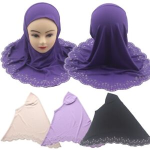 Muslim Little Girls Rhinestone Hijab Instant Amira Cap Arab Turban Scarf Shawls