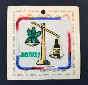 Vtg. Mr. Happiness JUSTICE? on the balance Patch Hemp Humor Stoner Hippie NOS - Picture 1 of 3