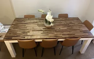 Stunning Acacia Wood Dining Table With 8 Seater Brown Synthetic Leather Chairs - Picture 1 of 8