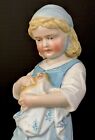 Antique Bisque Large 12? Figurine Girl Holding Cat Marked R In Blue Diamond