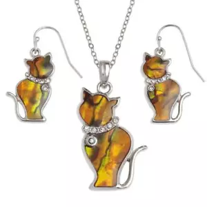 Tide Jewellery Inlaid Paua Shell Ginger Cat Dangle Drop Earrings & Necklace Set - Picture 1 of 1