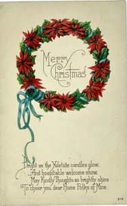 Yuletide Ghirlanda Natalizia Cartolina Festività Epoca 1900-1920 Goffrata Formato Standard - Foto 1 di 4