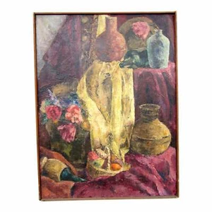 60er Jahre Suzanne Peters Öl auf Leinwand warme Töne traditionelles Stillleben Gemälde - Bild 1 von 9