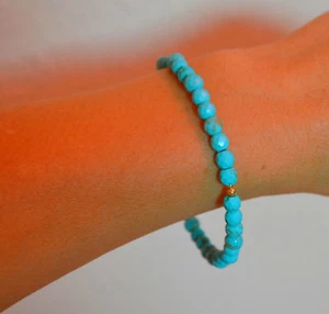 Natural Faceted 6mm Blue Turquoise 14k Yellow Gold Bangle Bracelet - Picture 1 of 6