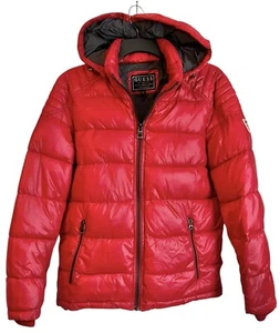 GUESS Men's Red Puffer Jacket Coat Sz Medium Windproof Removable Hood Unworn - Picture 1 of 7