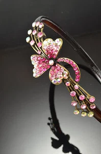 Antique Gold Flower Decor Metal PINK Color Light Pink Crystal Hair Band Headband - Picture 1 of 3