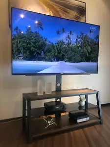 Wooden Storage Tv Stand Black Tempered Glass Height Adjustable Universal Swivel - Picture 1 of 11