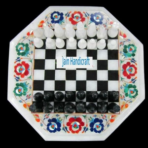 12'' white Marble Chess Table Top Pietra Dura Inlay lapis Children Game Kids p3 - Picture 1 of 4