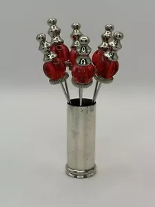 Red Glass & metal Hors d'oeuvre Pick Set 6 Appetizer Forks and Holder - Picture 1 of 10