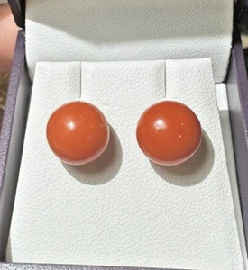 Vintage Natural Dark Salmon Red Coral 18k Yellow Gold 10mm Stud Earrings BOX CS1 - Picture 1 of 7