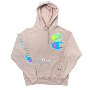 Champion Pink Hoodie Reverse Weave Spell Out Regular Sweatshirt Mens Medium - Picture 1 of 7