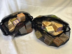 40 Vintage Children's Educational Wood Blocks ABC's Numbers Pictures in Mesh Bag - Picture 1 of 3