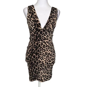 NIKIBIKI Black Brown Cream Leopard Print Pleated Ruched Bodycon Tank Dress Sz S - Picture 1 of 13