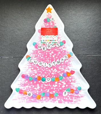 MERRY CHRISTMAS PINK HOLIDAY TREE MELAMINE DISH TRAY 15" - Image 1 of 4