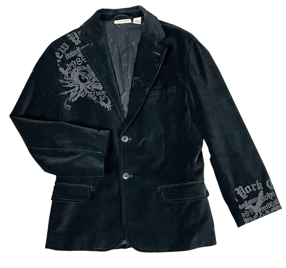 Blazer DKNY Para Hombres Negro Terciopelo Bordado Gráfico Traje Chaqueta/Abrigo Talla Mediana Foto 1 de 4