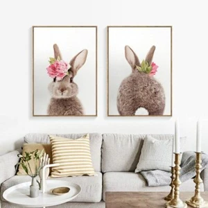 Carteles de pared para decoración del hogar de animales lienzo arte pintura lindos estampados de flores de conejo - Imagen 1 de 15