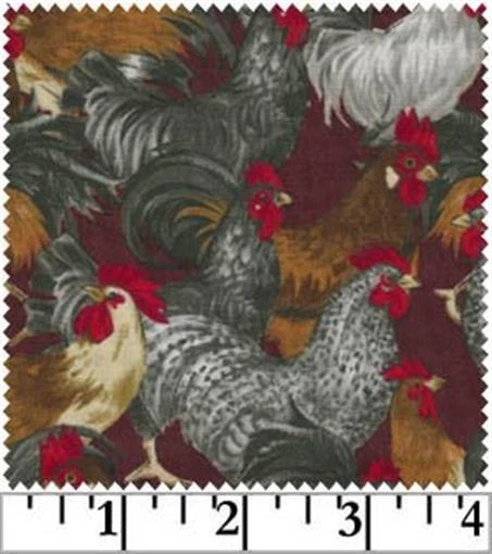 BTY Rooster Ridge Rooster Packed Wine Red Cotton Fabric ROR940 By The Yard - Image 1 of 1