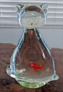 Dynasty Gallery Clear Glass Cat With Fish In Belly 5.75"  - Picture 1 of 11