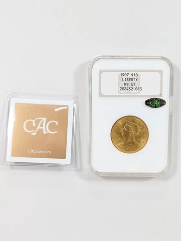 1907 $10 Liberty Head Gold Eagle NGC MS61 Gold CAC 🪙 Vintage NGC Fatty Holder Cover