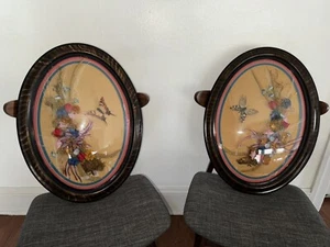 Vintage MCM Bubble Dome Glass Framed Floral Convex Art Flowers Butterfly Pair - Picture 1 of 7