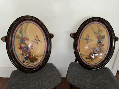 De colección MCM Burbuja Cúpula Vidrio Enmarcado Floral Arte Convexo Flores Mariposa Par Foto 1 de 4