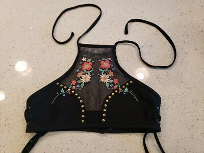 Topshop Strappy Mesh Insert Bikini Swimsuit Top Black 4 bling embroidered - Image 1 of 4