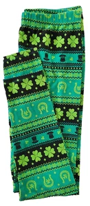 Green Black Leggings Irish Clover St Patrick Women M Medium Pull On Legging Pant - Picture 1 of 11
