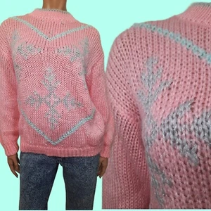 Vintage 80s Pink Glitter Snowflake Sweater Womens M Pastel Christmas Holiday - Picture 1 of 7