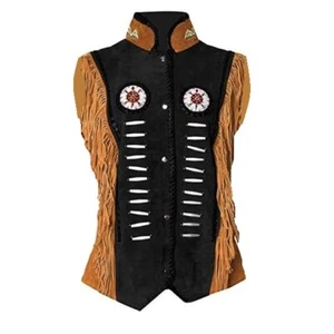 Chaleco Western Cowboy Coñac Marrón Gamuza Cuero con Cuentas Flecos Huesos NV126 - Imagen 1 de 3