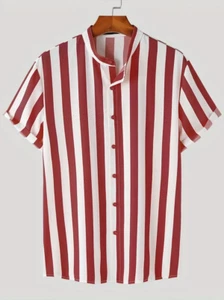 Red White Color Block Striped Men's Short Sleeve Lapel Hawaiian Shirt Summer - Picture 1 of 3