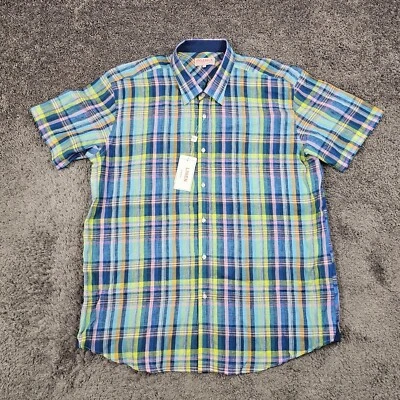 Inserch Shirt Mens 4XL XXXXL Blue Plaid Linen Short Sleeve Limited Edition - Image 1 of 4