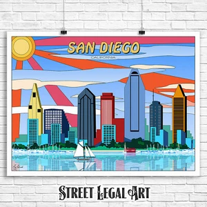 San Diego California City Watercolor Skyline Pop Art Print, Travel Decor, Poster - Picture 1 of 3
