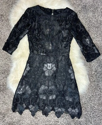 Zara Mini Dress Women's Size Small Black Crochet Lace Faux Leather Scallop Hem - Image 1 of 4