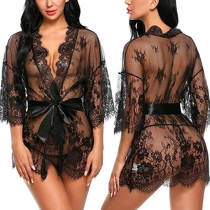 Sexy Para Mujer Encaje Kimono Bata Transparente Camisón Lencería Prendas para dormir Vestido con Tanga - Imagen 1 de 18