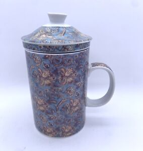Blue Flowers Ceramic Porcelain Tea Cup Coffee Mug with lid Infuser Filter 270ml 