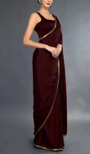 Beautiful Indian Sarees New Sexy Black & Maroon Silk Women Sari Stitched Blouse
