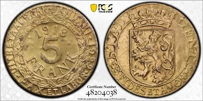Belgium Ghent 1918 5 Francs PCGS Ms62 -Scarce - Image 1 of 3