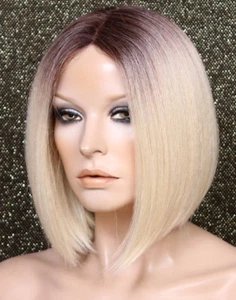 Bob Cut Neu Full TT4/613 Perücke Braun Wurzeln Blond Hitzefest Haarteil - Bild 1 von 5