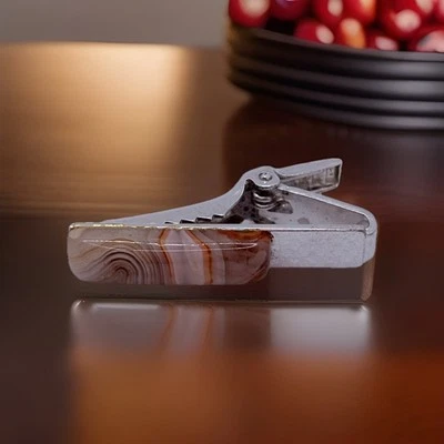 "Clip de barra de corbata vintage tono plata a rayas ágata pulida 1,5""" Foto 1 de 2