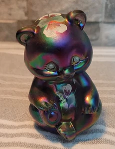 Fenton Irridescent Plum Carnival Glass Bear Figurine Hand Painted Signed 3" - Picture 1 of 8