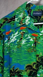 Vintage PURITAN Hawaiian Shirt Mens Sz Medium Green Surfer Tiki 90s Cotton - Picture 1 of 10